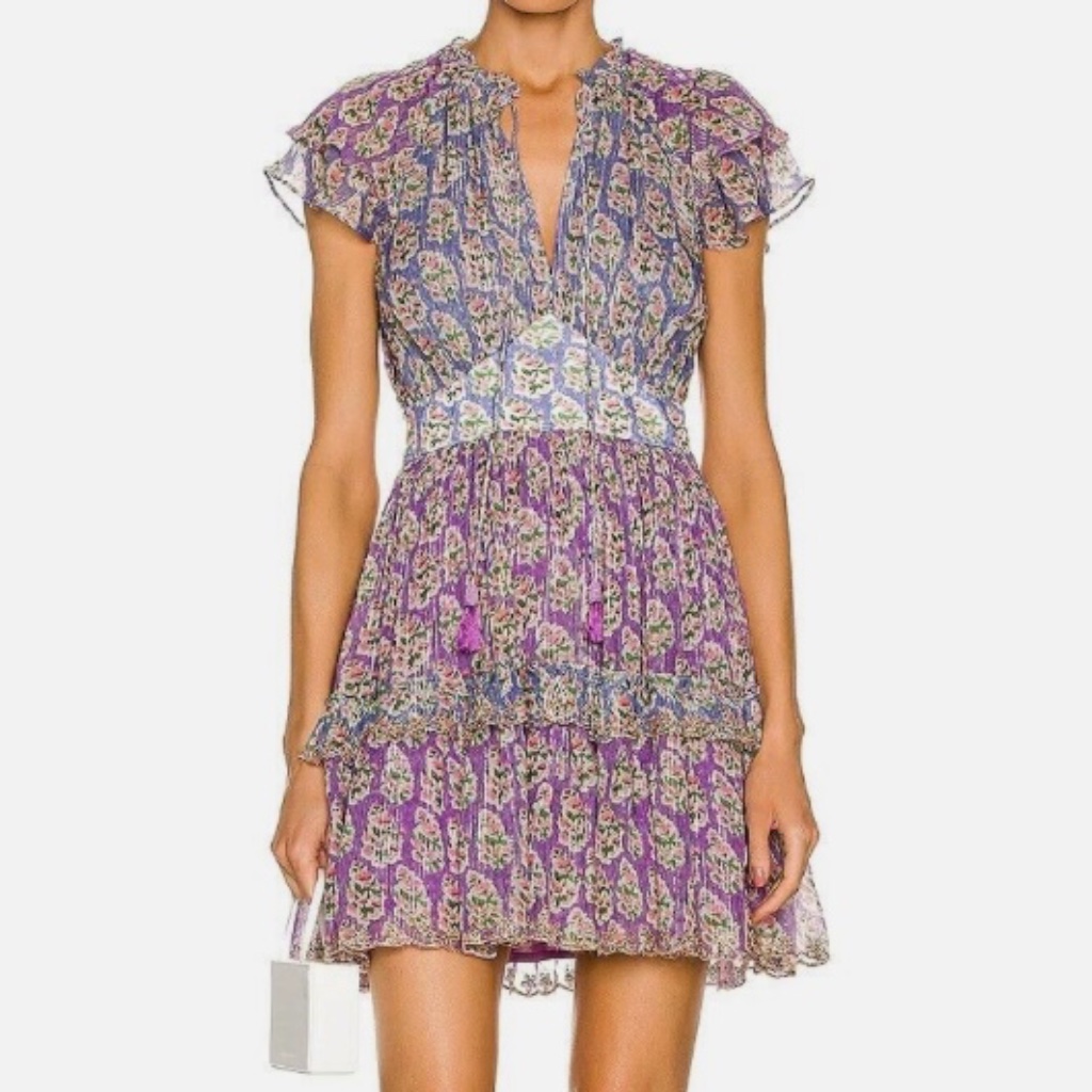 Hemant & Nandita Ruffle Floral Mini Dress, Purple, Gold Thread, Sz Small